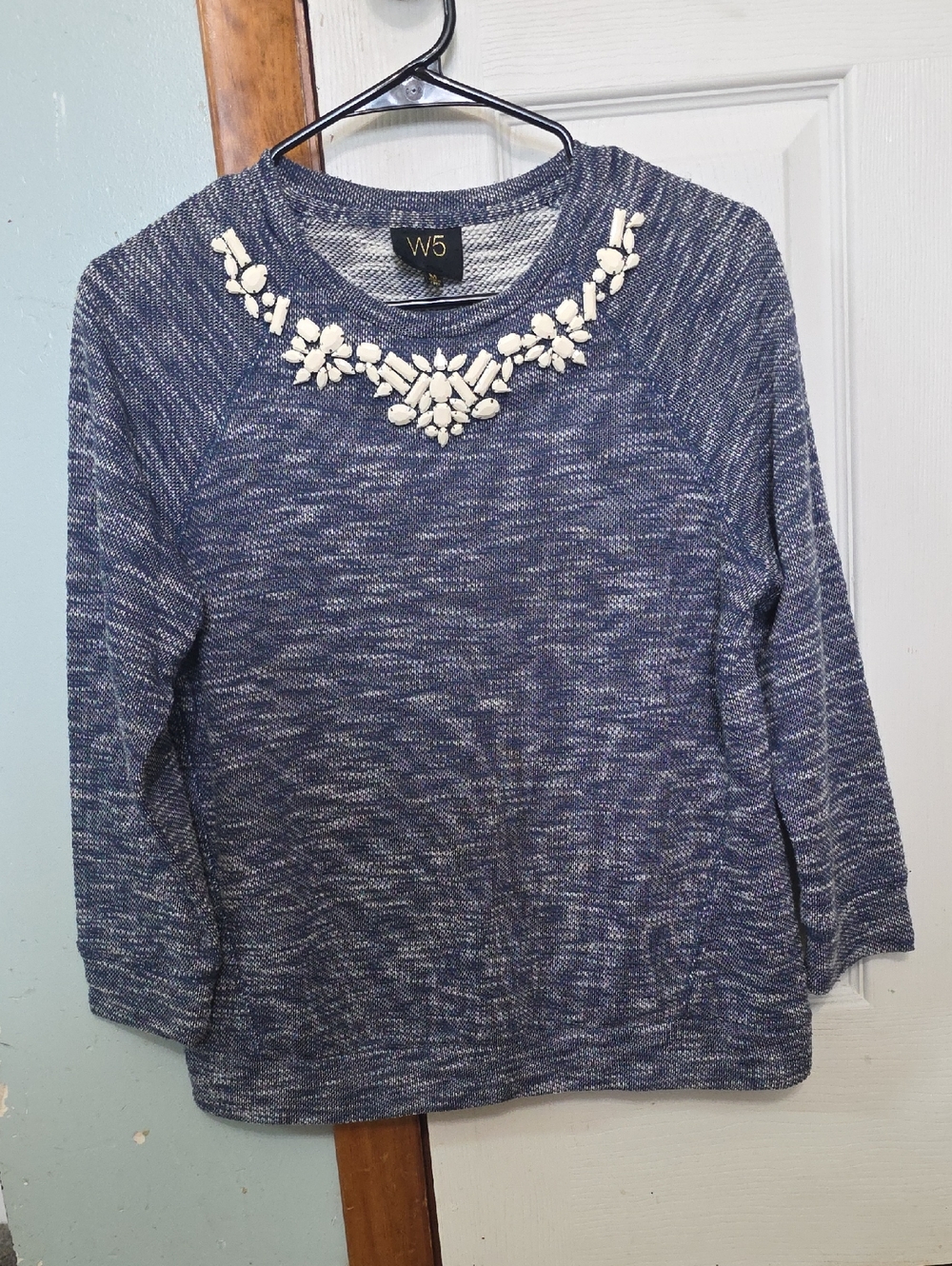 W5 Women's Blue Marled Sweater with Cream Jeweled Collar